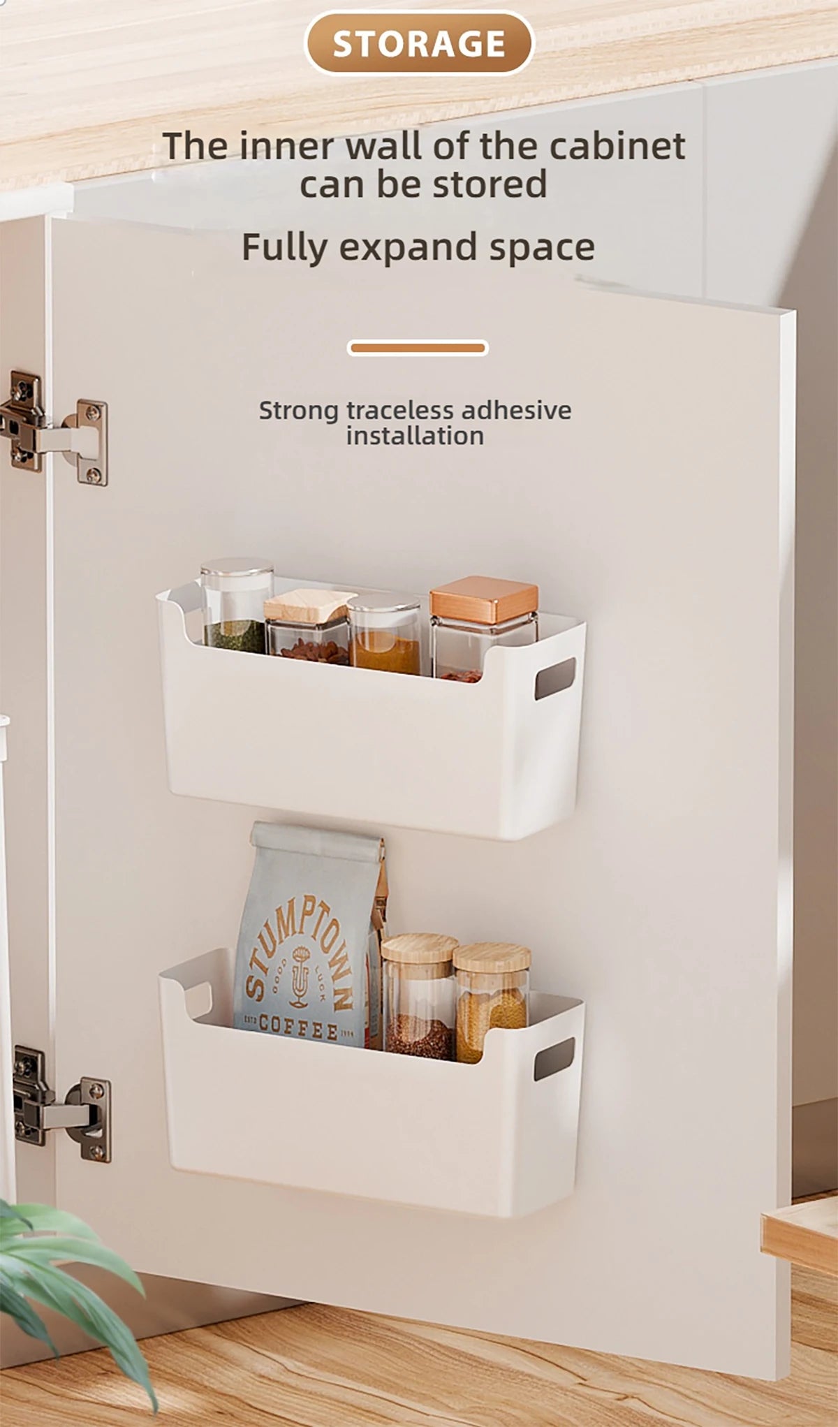 Minimalist White PP Wall-Mounted Storage Box - Self-Adhesive Cabinet Door Organizer for Kitchen, Space Saving Design (No Tools）
