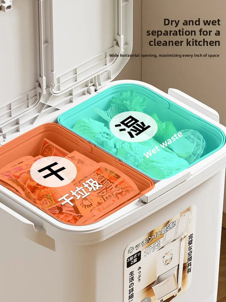 Kitchen Tra Can Large Capaci Double Layer Pr pe with Cover Wet And Dry Separation Mobile No Bending Waste Bin