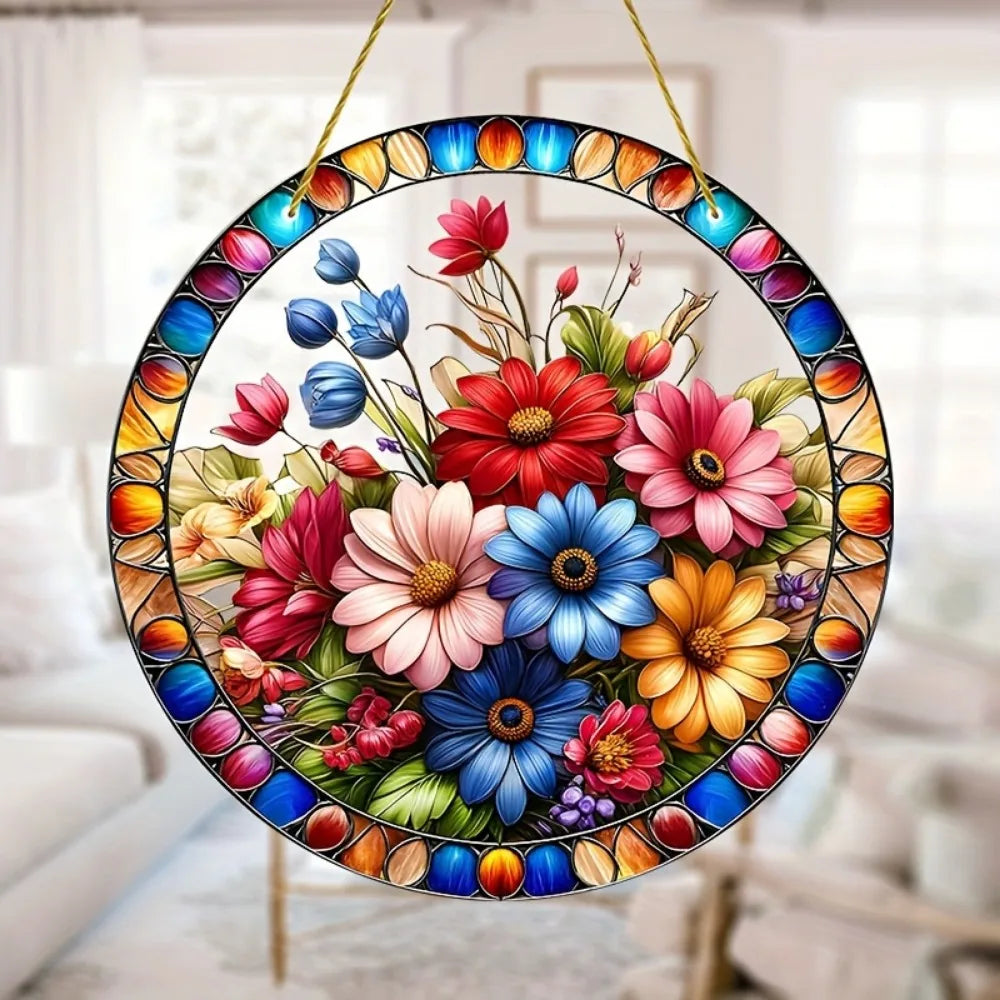 Flower Suncatcher, Stained Window Hanging, Acrylic Sign, Winter Decor, Round Sign, Wreath Sign, Wreath Center, Christmas Gift