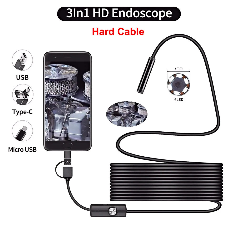 7MM Android Endoscope Camera 3 IN1 Micro USB Type C Borescope Mini Camera Waterproof LED Car Inspection For HUAWEI XIAOMI PC