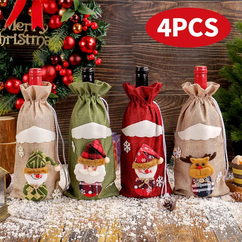 Pocket Christmas Cutlery Holder Santa Claus Knife Fork Christmas Tableware Wine Bottle Sleeves Cover Bag For Home Xmas Supplies