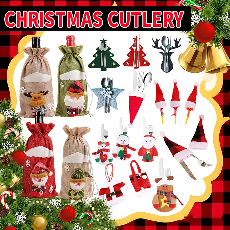 Pocket Christmas Cutlery Holder Santa Claus Knife Fork Christmas Tableware Wine Bottle Sleeves Cover Bag For Home Xmas Supplies