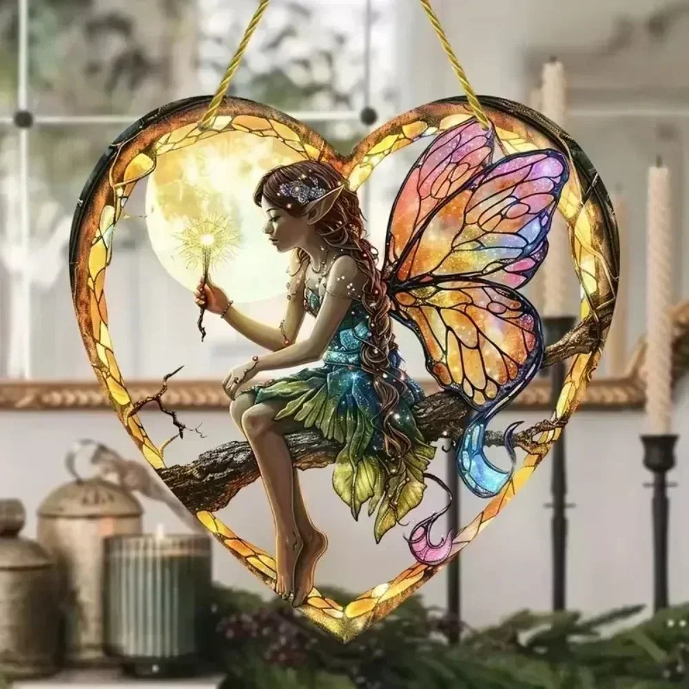 HOT SALE 1pc Butterfly Elf Pendant Magic Fairy Wand Sun Catcher Colorful Heart Acrylic Garden Outdoor Decoration Wall Hanging