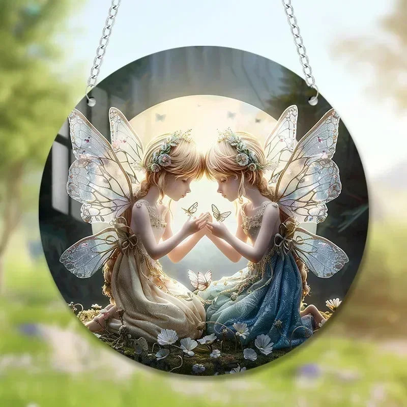 HOT SALE 1pc Butterfly Elf Pendant Magic Fairy Wand Sun Catcher Colorful Heart Acrylic Garden Outdoor Decoration Wall Hanging