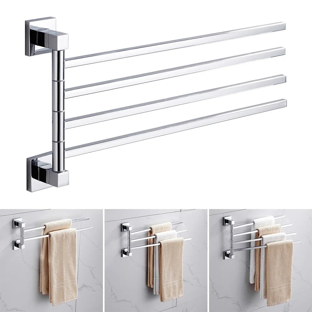 Stainless Steel Swivel Towel Bar Space Saving Wall-Mounted 2/4 Arm Rotatable Towel Storage Holder for Home Kitchen Bathroom