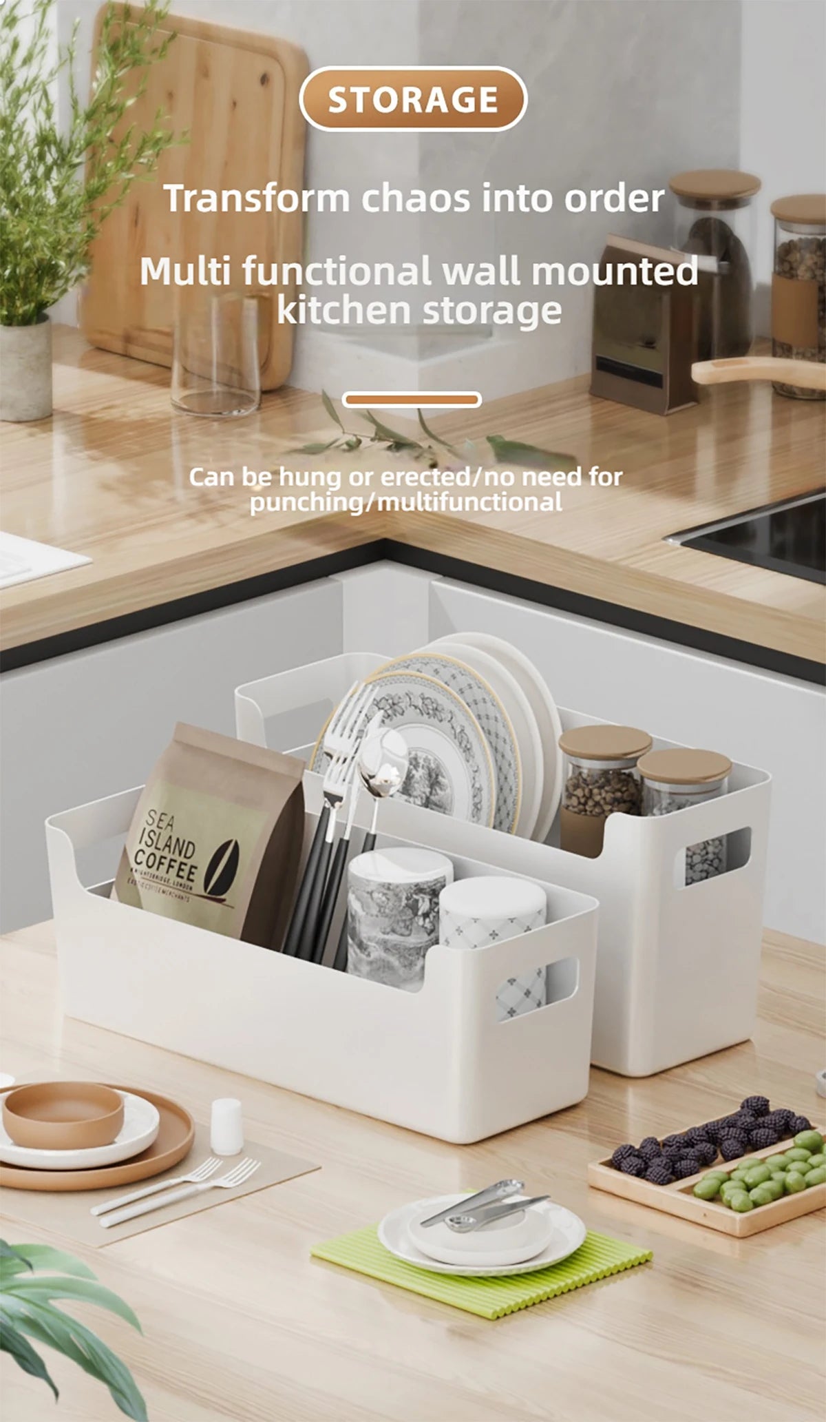 Minimalist White PP Wall-Mounted Storage Box - Self-Adhesive Cabinet Door Organizer for Kitchen, Space Saving Design (No Tools）