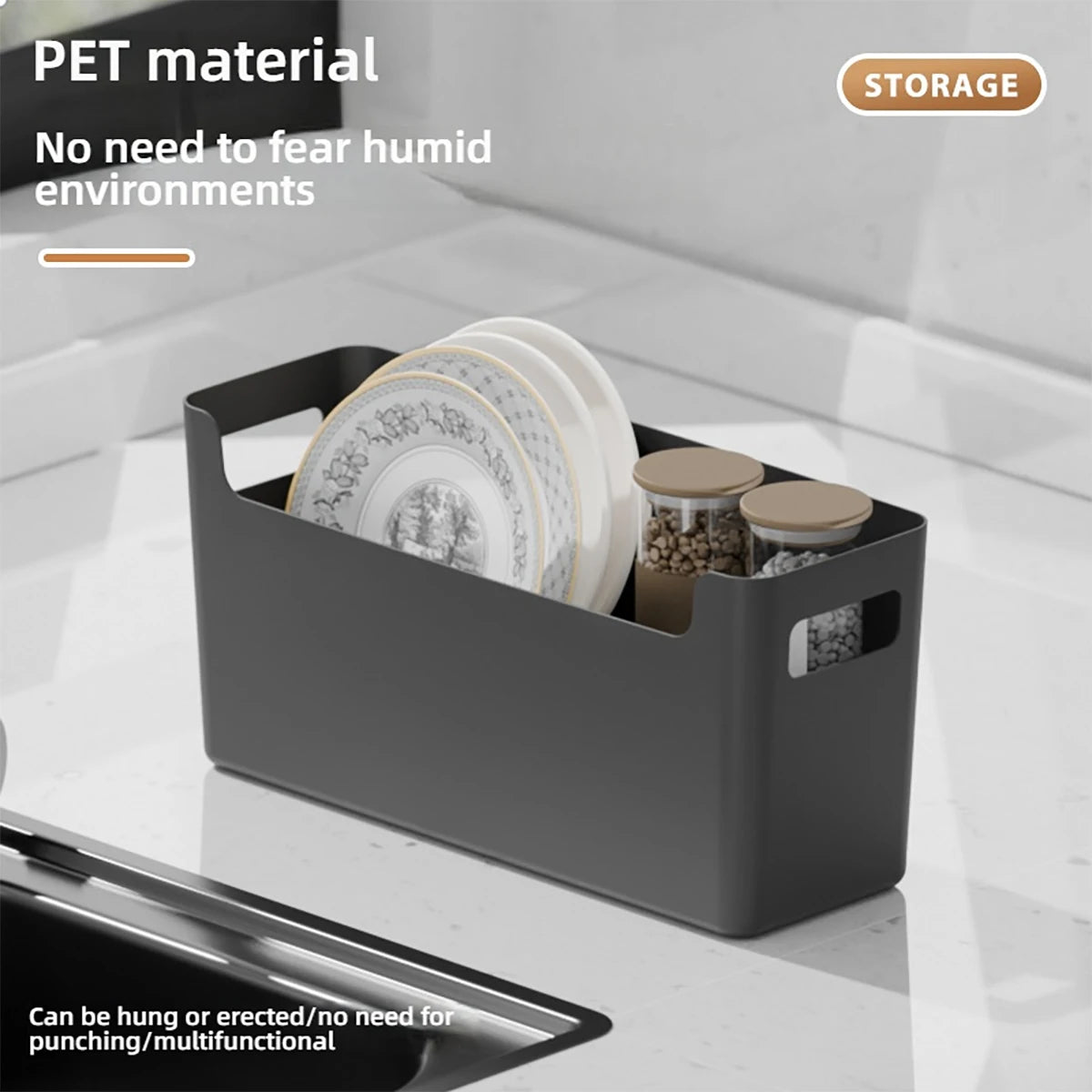 Minimalist White PP Wall-Mounted Storage Box - Self-Adhesive Cabinet Door Organizer for Kitchen, Space Saving Design (No Tools）