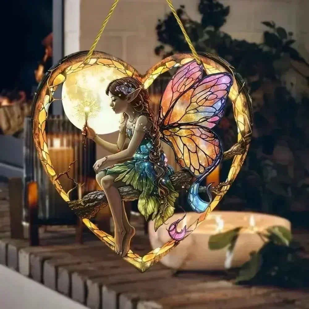 HOT SALE 1pc Butterfly Elf Pendant Magic Fairy Wand Sun Catcher Colorful Heart Acrylic Garden Outdoor Decoration Wall Hanging