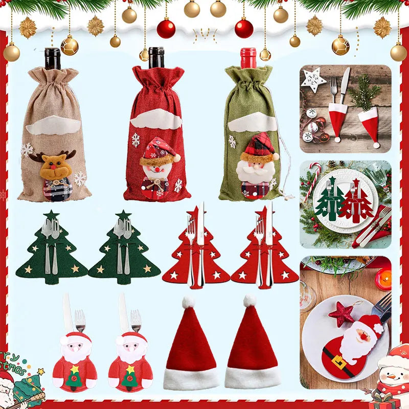 Pocket Christmas Cutlery Holder Santa Claus Knife Fork Christmas Tableware Wine Bottle Sleeves Cover Bag For Home Xmas Supplies