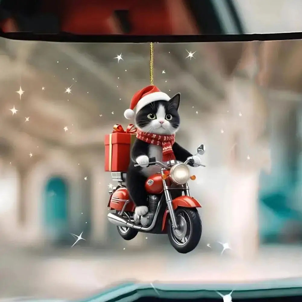 Motorcycle Cat Acrylic Hanging Decoration Christmas Tree Car 2D Flat Riding Kitten Hanging Ornament Cartoon Pendant For Christma