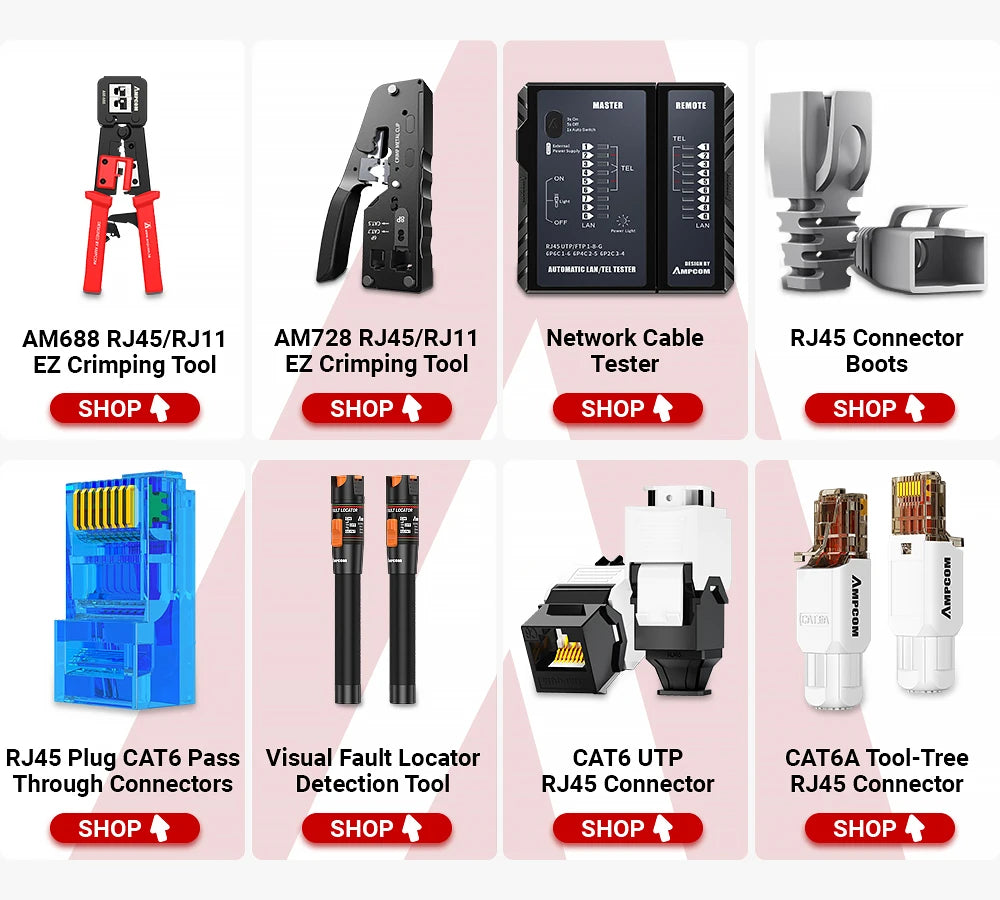 AMPCOM RJ45 Crimper Lan Tester Tool Set Ethernet Cable Stripper Punch Down Tool rj 45 rj11 Connectors 12 in 1 Cabling Repair Set