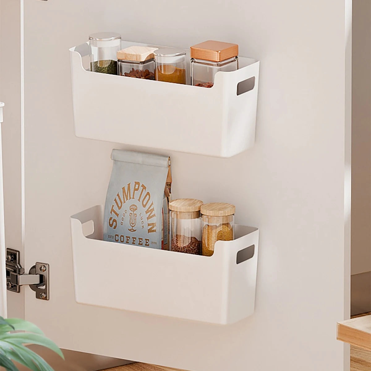 Minimalist White PP Wall-Mounted Storage Box - Self-Adhesive Cabinet Door Organizer for Kitchen, Space Saving Design (No Tools）