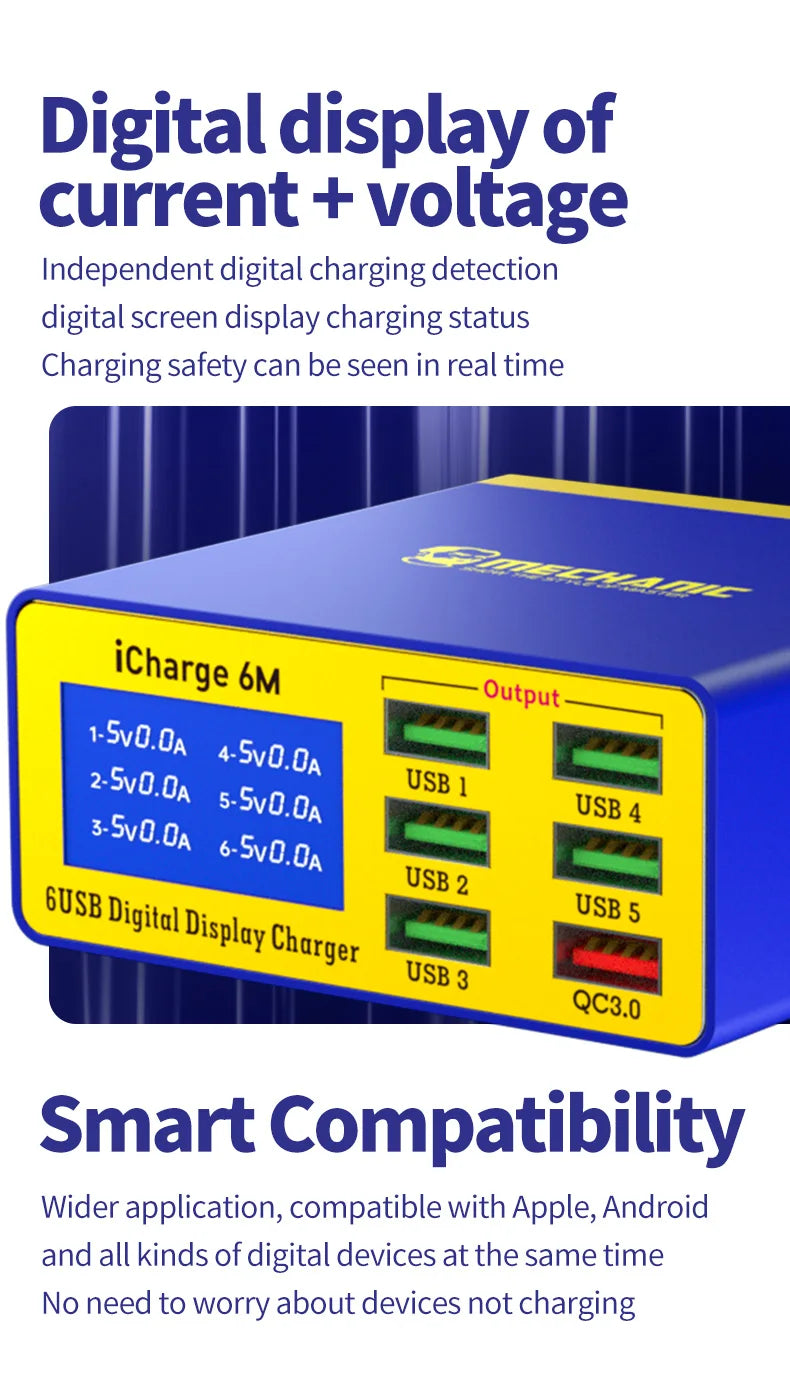 MECHANIC iCharge 6M USB 6-port charger fast charge smart digital display multi-port porous for iphone xiaomi mobile phone tablet
