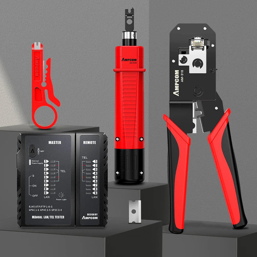 AMPCOM RJ45 Crimper Lan Tester Tool Set Ethernet Cable Stripper Punch Down Tool rj 45 rj11 Connectors 12 in 1 Cabling Repair Set