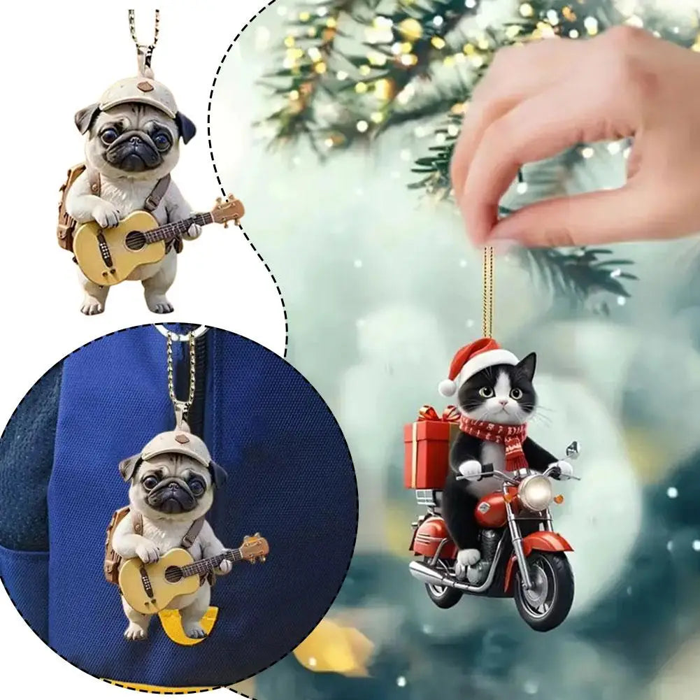 Motorcycle Cat Acrylic Hanging Decoration Christmas Tree Car 2D Flat Riding Kitten Hanging Ornament Cartoon Pendant For Christma