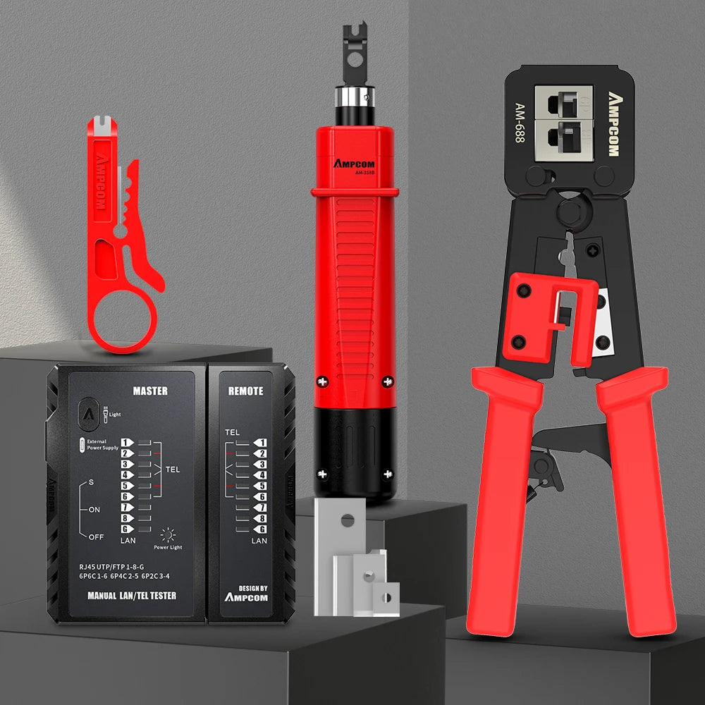 AMPCOM RJ45 Crimper Lan Tester Tool Set Ethernet Cable Stripper Punch Down Tool rj 45 rj11 Connectors 12 in 1 Cabling Repair Set