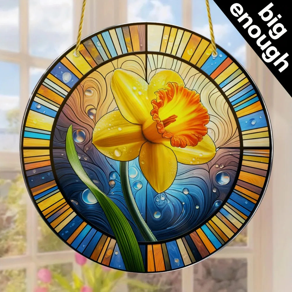 Flower Suncatcher, Stained Window Hanging, Acrylic Sign, Winter Decor, Round Sign, Wreath Sign, Wreath Center, Christmas Gift