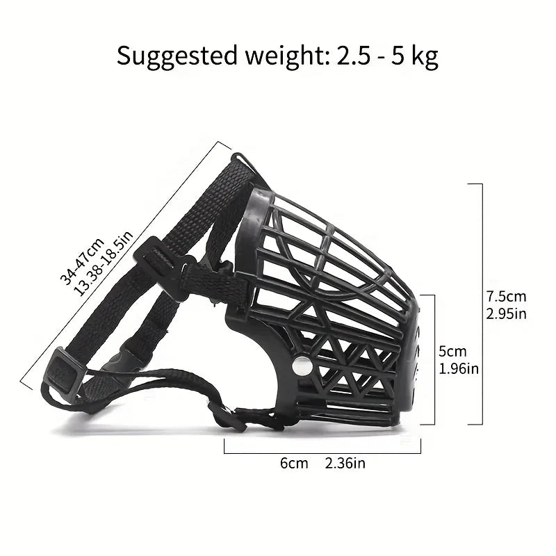 Dog muzzle for preventing biting, chewing indiscriminately, and barking, suitable for dogs weighing 2.5 kilograms or less.