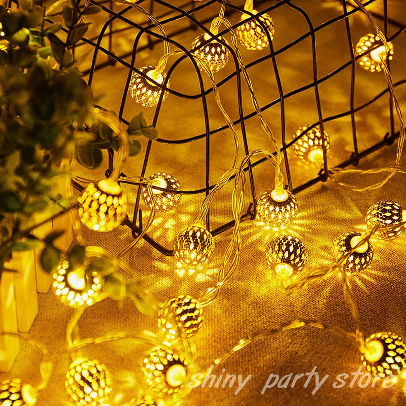 LED Iron Moroccan Ball Lamp String, Battery Lamp String, White Yellow Color, Christmas Decoration Supplies