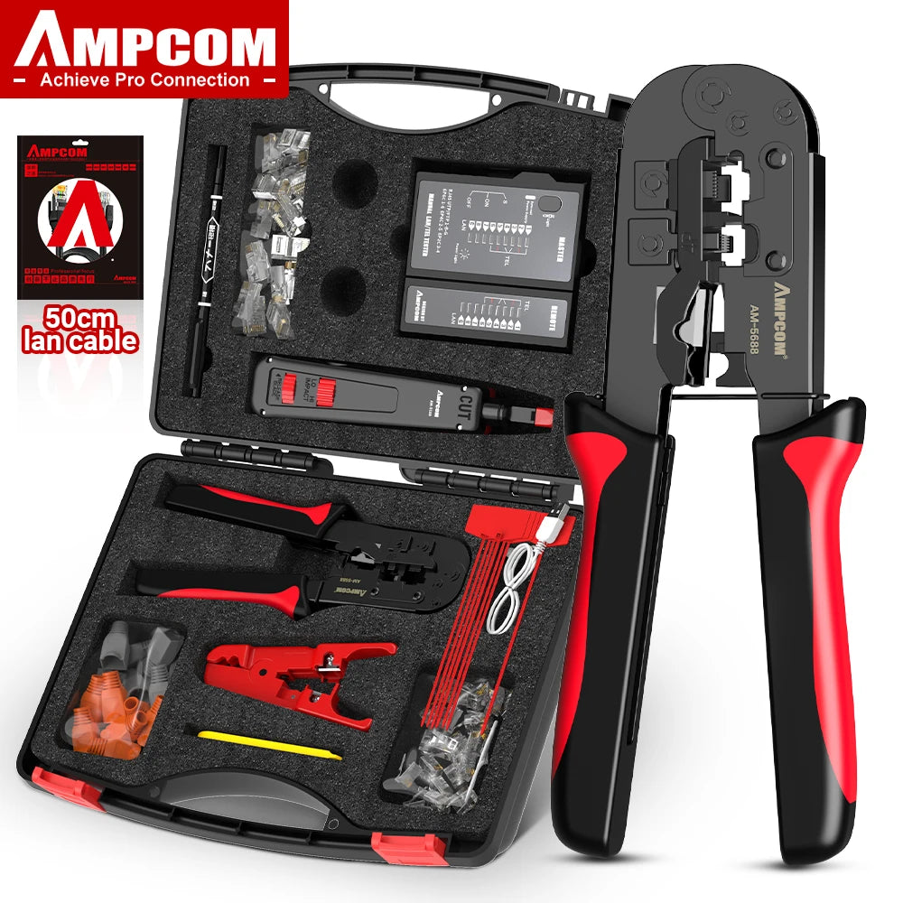 AMPCOM RJ45 Crimper Lan Tester Tool Set Ethernet Cable Stripper Punch Down Tool rj 45 rj11 Connectors 12 in 1 Cabling Repair Set