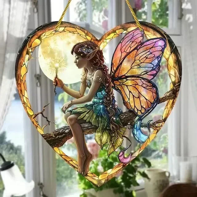 HOT SALE 1pc Butterfly Elf Pendant Magic Fairy Wand Sun Catcher Colorful Heart Acrylic Garden Outdoor Decoration Wall Hanging
