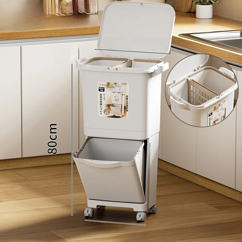Kitchen Tra Can Large Capaci Double Layer Pr pe with Cover Wet And Dry Separation Mobile No Bending Waste Bin