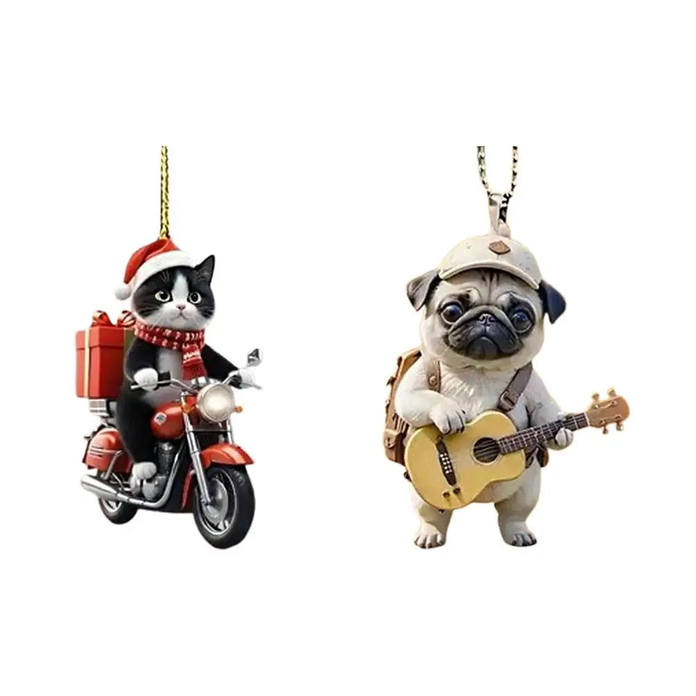 Motorcycle Cat Acrylic Hanging Decoration Christmas Tree Car 2D Flat Riding Kitten Hanging Ornament Cartoon Pendant For Christma