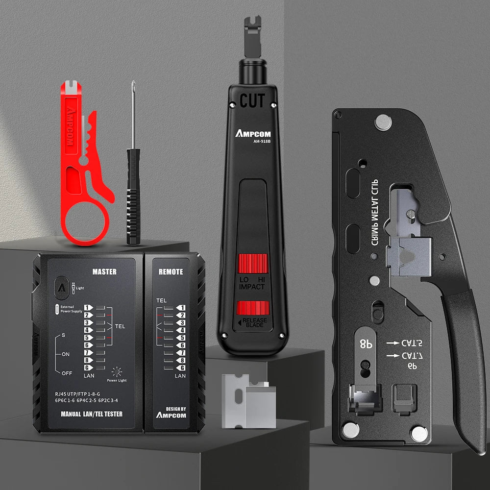 AMPCOM RJ45 Crimper Lan Tester Tool Set Ethernet Cable Stripper Punch Down Tool rj 45 rj11 Connectors 12 in 1 Cabling Repair Set