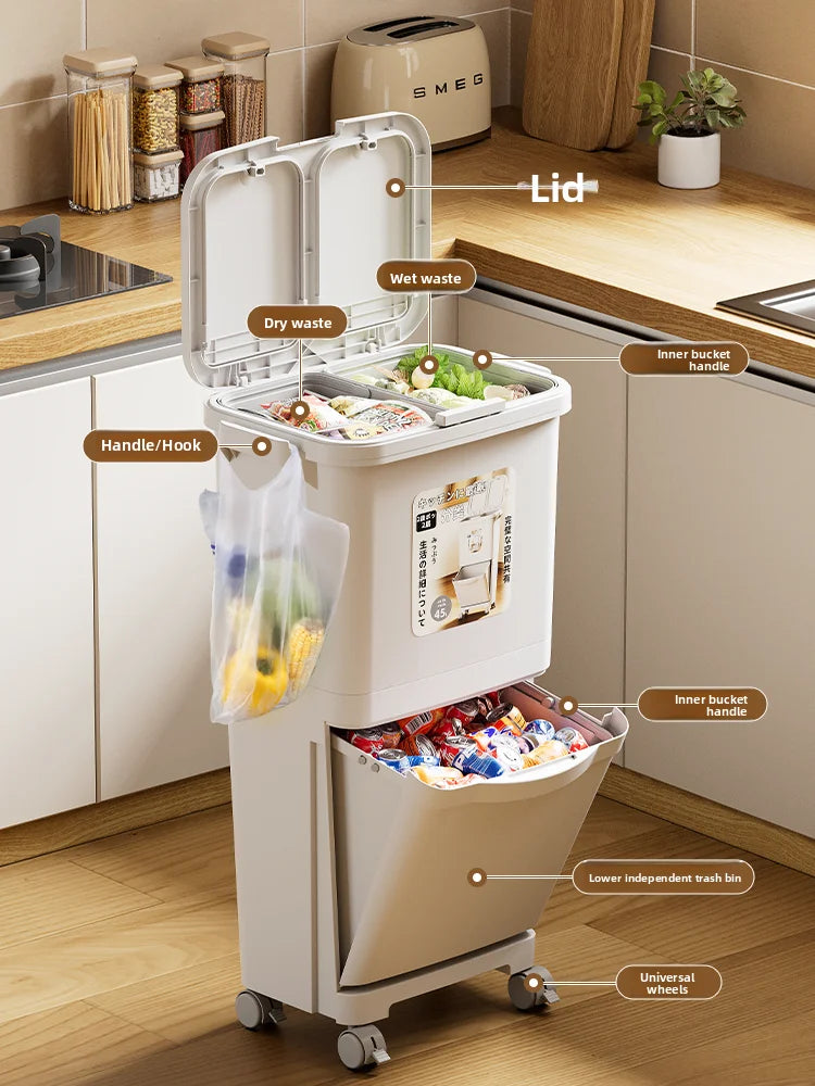 Kitchen Tra Can Large Capaci Double Layer Pr pe with Cover Wet And Dry Separation Mobile No Bending Waste Bin