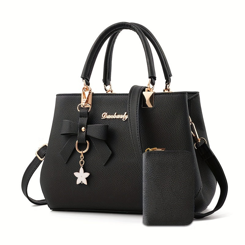 Chic Bow Decor Handbag for Women - Versatile Top Handle Satchel with Coin Purse, Adjustable Strap, And Zip Closure - Available in Khaki, Dark Pink, Light, - Synthetic Material with Acrylic Lining, Cute Handbag