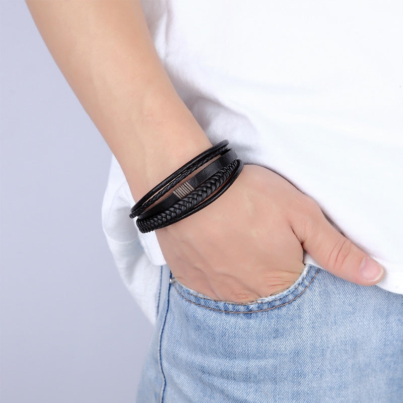 1pc Stylish Men's Braided Faux Leather Bracelet with Sleek Metal Buckle - Adjustable, Hand-Woven Multi-Layer Design for a Bold Look