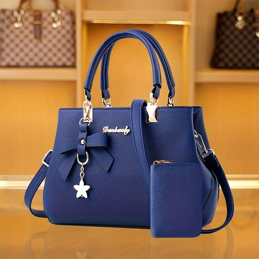 Chic Bow Decor Handbag for Women - Versatile Top Handle Satchel with Coin Purse, Adjustable Strap, And Zip Closure - Available in Khaki, Dark Pink, Light, - Synthetic Material with Acrylic Lining, Cute Handbag