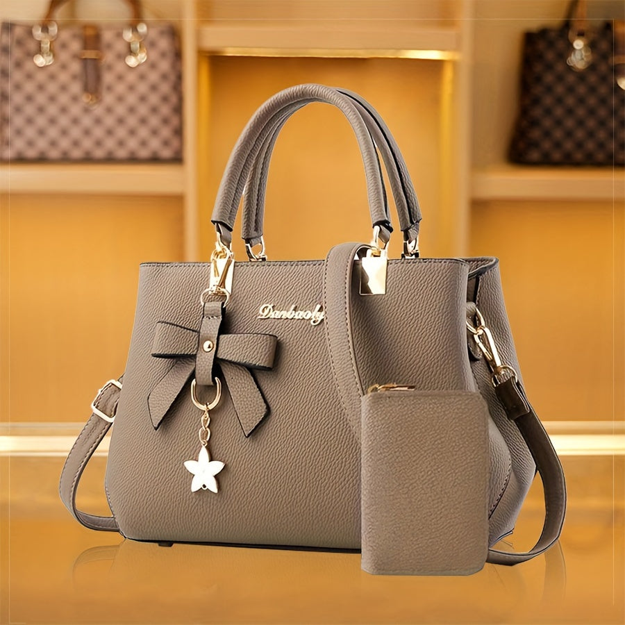 Chic Bow Decor Handbag for Women - Versatile Top Handle Satchel with Coin Purse, Adjustable Strap, And Zip Closure - Available in Khaki, Dark Pink, Light, - Synthetic Material with Acrylic Lining, Cute Handbag