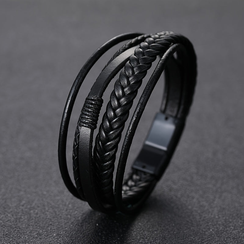 1pc Stylish Men's Braided Faux Leather Bracelet with Sleek Metal Buckle - Adjustable, Hand-Woven Multi-Layer Design for a Bold Look