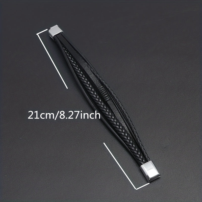 1pc Stylish Men's Braided Faux Leather Bracelet with Sleek Metal Buckle - Adjustable, Hand-Woven Multi-Layer Design for a Bold Look