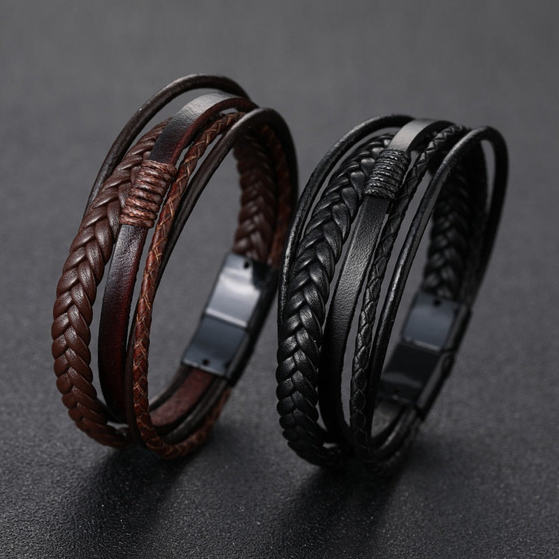 1pc Stylish Men's Braided Faux Leather Bracelet with Sleek Metal Buckle - Adjustable, Hand-Woven Multi-Layer Design for a Bold Look