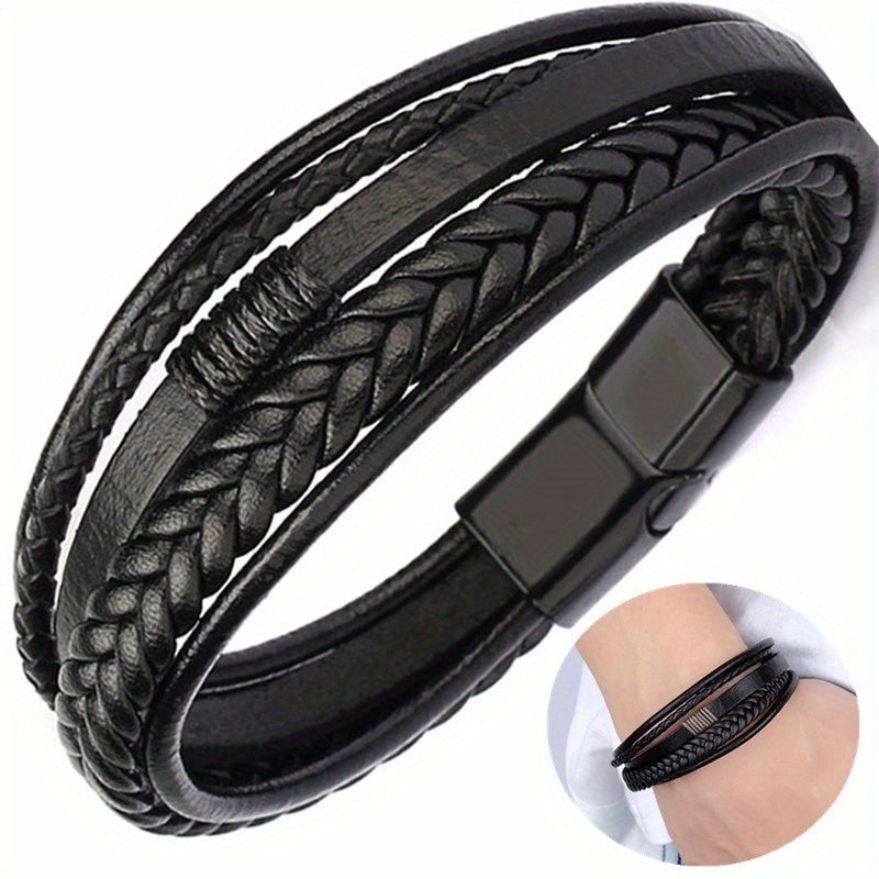 1pc Stylish Men's Braided Faux Leather Bracelet with Sleek Metal Buckle - Adjustable, Hand-Woven Multi-Layer Design for a Bold Look