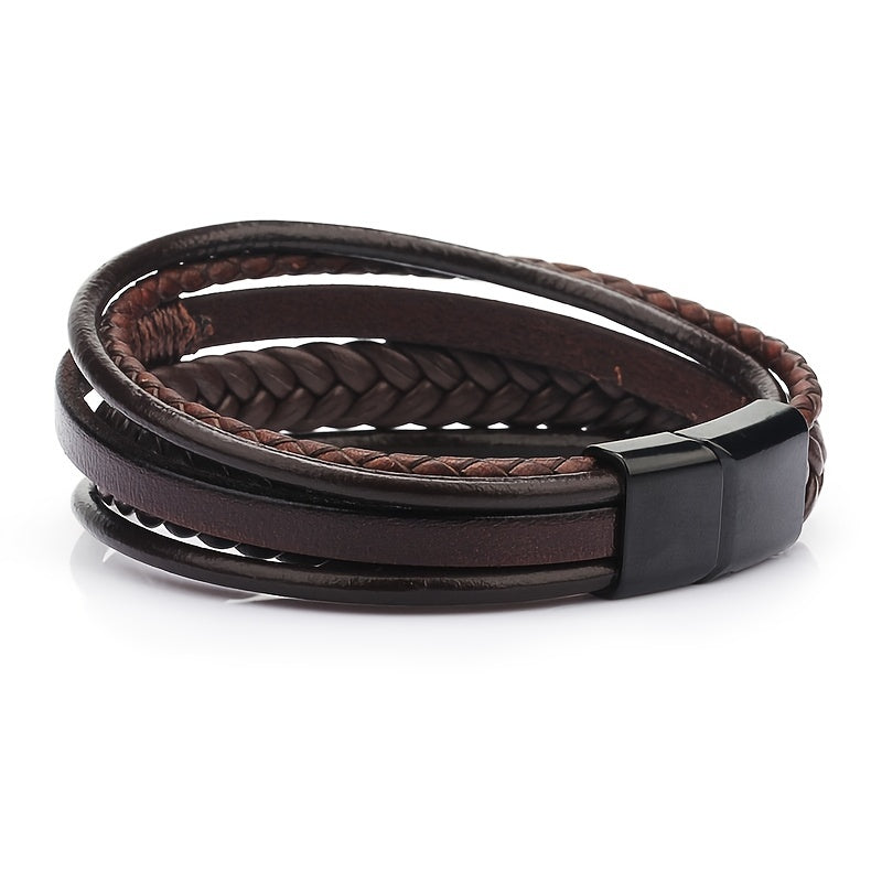 1pc Stylish Men's Braided Faux Leather Bracelet with Sleek Metal Buckle - Adjustable, Hand-Woven Multi-Layer Design for a Bold Look